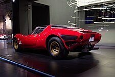 Rear three-quarter view of the prototype showcased in the Alfa Romeo Museum.