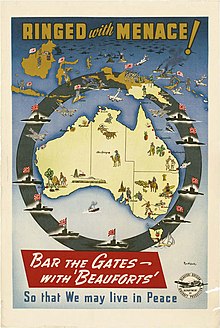 Propaganda poster urging Australians to "bar the gates with Beauforts" against Japanese invasion. Ringed with menace (AWM ARTV09061).jpg