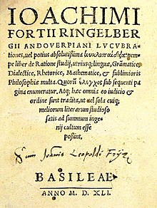 Title page of Lucubrationes, 1541 edition, one of the first books to use a variant of the word encyclopedia in the title Ringelbergius, 'Lucubrationes...KYKLOPEDEIA...' ed. Basel 1541 original.JPG