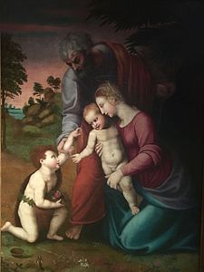 Terenzio Terenzi (Rondolino Pesarese), Madonna con mabino, San Giuseppe e San Giovannino (anche riposo dalla fuga in Egitto), olio su tela, Pinacoteca di San Francesco, Museo della Città (copia da Raffaello Sanzio, il cui originale è al Kunsthistorishes Museum di Vienna) - Patrimonio del Fondo Edifici di Culto – Ministero dell’Interno