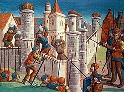 A colourful Medieval depiction of a fortification being assaulted