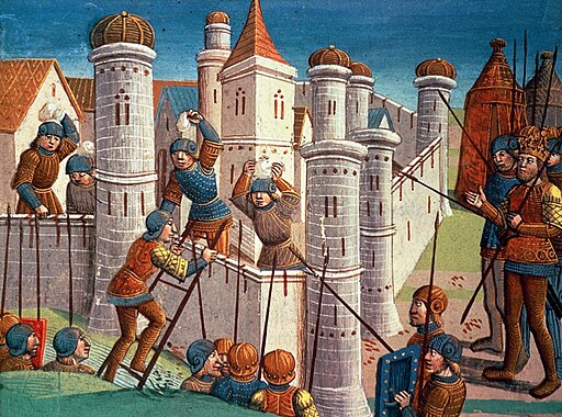 A colourful Medieval depiction of a fortification being assaulted