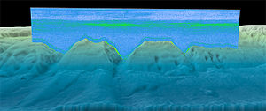 Static image of a sonar scan. The backscattered signal (green) above the bottom is likely the deep scattering layer. Static image of sonar data scan.jpg