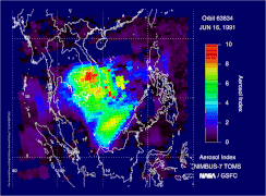 Супутникові вимірювання викидів попелу та аерозолів з вулкану Пінатубо.