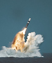 A Trident missile launched from a submerged ballistic missile submarine. Trident II missile image.jpg