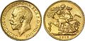 V. György arany sovereign (1 font sterling) érméjének elő- és hátoldala Benedetto Pistrucci klasszikus sárkányölő Szent György ábrázolásával. Átmérő: 22.05 mm, súly: 7.98 g