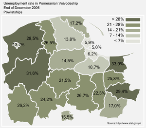 Arbejdsløsheds procent i Pommern efter powiat under højkonjunkturen i slutningen af 2006