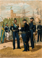 Sjöofficersuniformer i början av 1860-talet. Plansch ur Svenska arméens och flottans nuvarande uniformer i xylografiskt färgtryck (1866).