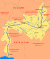 Mapa en rusu del ríu Ural, nel que salen les ciudaes de Verjneuralsk (Верхнеура́льск), Magnitogorsk (Магнитогóрск), Orsk (Орск), Novotroitsk (Новотро́ицк), Oremburgu (Оренбург), Oral (Уральск), Yanaeb () y Atirau (Атырау)