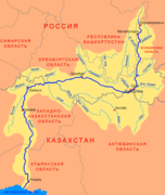 Aktobé (Ақтөбе) en un mapa del río Ural