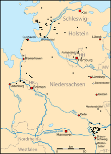 Karte von Norddeutschland mit roten Markierungen an den Stellen, wo sich eon Ort mit der Endung büttel befindet