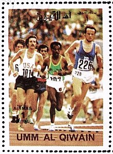 Shorter (left) running 10,000 m at the 1972 Olympics, stamp of Umm al-Quwain 10k at 1972 Olympics Umm al-Quwain stamp.jpg