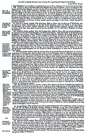 The 1815 Corn Law, officially "An Act to amend the Laws now in force for regulating the Importation of Corn" 1815 Corn Law, An Act to amend the Laws now in force for regulating the Importation of Corn.jpg