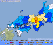 Карта тяжести землетрясения в разных префектурах.