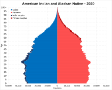 The American Indian and Alaskan Native (alone/single race) populations as of 2020 American Indian and Alaskan Native population pyramid in 2020.svg