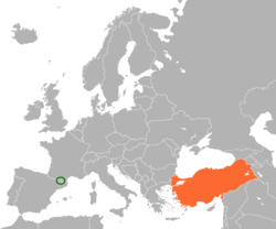 Карта с указанием местоположения Андорры и Турции