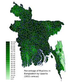 Map of percentage of Bangladeshi Muslims by Upazila or Sub-district (2011) Bangladeshi Muslims map.svg
