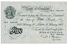 The Bank's classic white five pound note remained in circulation until 1957. Bank of England PS5 note 1952.jpg