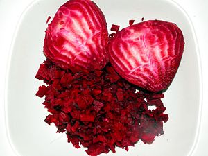 The usually deep-red roots of beetroot are eat...