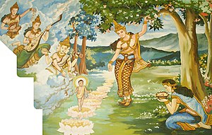 Tato malba v laoském chrámu zobrazuje legendu o narození Gautamy Buddhy kolem roku 563 př. n. l. v Lumbiní v západním Nepálu.