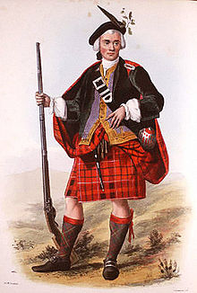 A Victorian era, romanticised depiction of a member of the clan by R. R. McIan, from The Clans of the Scottish Highlands, published in 1845. Cameron (R. R. McIan).jpg