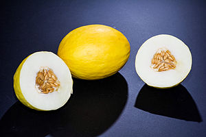 English: Canary melons cut and whole.