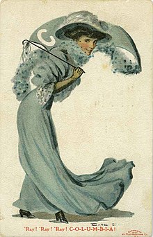 A 1907 postcard representing Columbia University, featuring a woman dressed in Columbia blue Columbia Christy.jpg