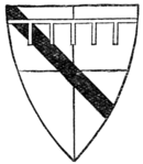 Fig. 690.—Arms of John de Lacy, Earl of Lincoln (d. 1240): Quarterly, or and gules, a bend sable, and a label argent. (MS. Cott. Nero, D. 1.)