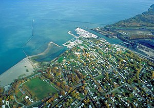 Aerial view of the port and harbor at Conneaut...