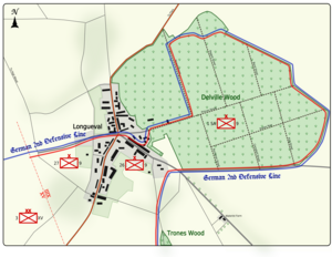 Colour map image depicting town and wood to the right of the town. Shows main access routes and positions of Allied and German forces on 15 July 1916