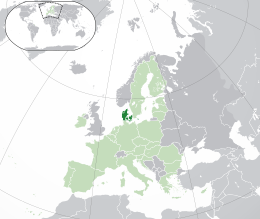 Location of  Denmark[b]  (dark green)– in Europe  (green & dark grey)– in the European Union  (green)  –  [Legend]
