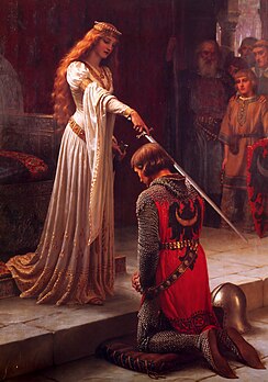 L’Adoubement, huile sur toile peinte en 1901 par Edmund Blair Leighton, peintre britannique du mouvement préraphaélite (définition réelle 1 632 × 2 326)