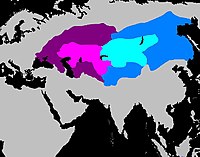 Peta khaganat Gokturk Barat (ungu) dan Timur (biru) pada puncaknya, sekitar 600 M. Daerah yang lebih terang memperlihatkan pemerintahan langsung; daerah-daerah yang lebih gelap warnanya menunjukkan wilayah di bawah pengaruhnya.