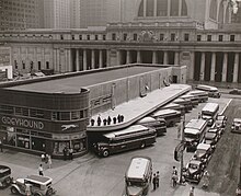 New Greyhound bus terminal and old Penn Station, 1936 Greyhound Bus Terminal, 33rd and 34th Streets between Seventh and Eighth Avenues, Manhattan (NYPL b13668355-482565).jpg