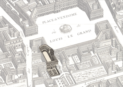 Situation de l'hôtel d'Évreux sur la place Vendôme, sur le plan de Turgot (1734-1737). Le nord est à gauche.