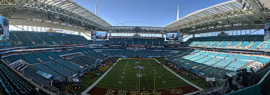 Miamský Hard Rock Stadium 2. února 2020, v den LIV. Super Bowlu, v němž tým Kansas City Chiefs zvítězil nad San Francisco 49ers poměrem 31:20