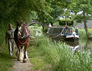 The horse-drawn narrowboat SIÂN on the Montgomery Canal. The canal runs 33 miles (53 km) from the Llangollen Canal at Frankton Junction to Newtown via Llanymynech and Welshpool and crosses the England–Wales border.