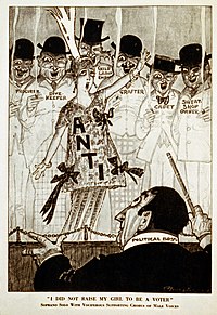 A chorus of disreputable men supports an anti-suffrage woman in this 1915 cartoon from Puck magazine. The caption "I did not raise my girl to be a voter" parodies the antiwar song "I Didn't Raise My Boy To Be A Soldier". I did not raise my girl to be a voter3.jpg