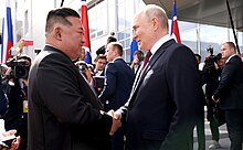 Kim Jong Un and Putin meeting at Vostochny Cosmodrome in 2023 where Kim gave his support for Russia's "sacred fight" against the West Kim Jong-un and Vladimir Putin (2023-09-13) 01.jpg