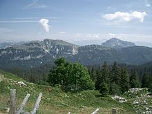 Paysage de montagnes, de prairies d'altitude et de forêts.