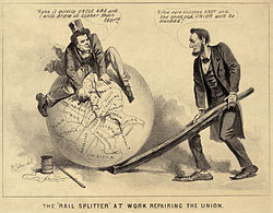 A political cartoon of Andrew Johnson and Abraham Lincoln, 1865, entitled "The Rail Splitter At Work Repairing the Union". The caption reads (Johnson): "Take it quietly Uncle Abe and I will draw it closer than ever." (Lincoln): "A few more stitches Andy and the good old Union will be mended." Lincoln and Johnsond.jpg
