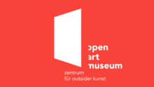 Logo des open art museums. Mit Byline und dem weissen Fenster, dass die Öffnung in alle Richtungen symbolisiert