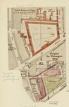 Plan de l'hospice avant sa démolition et son emplacement par rapport aux rues actuelles.
