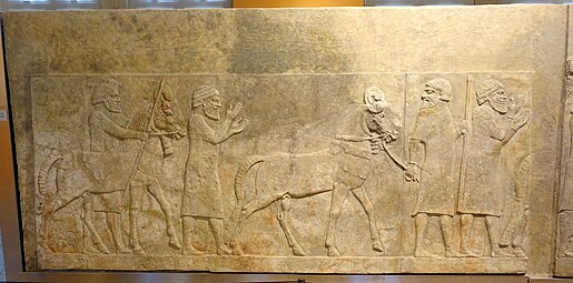 Porteurs de tribut (du pays de Mushki ?), relief du couloir 10 du palais. Musée de l'Institut oriental de Chicago.