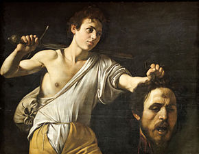 Peinture. Un jeune homme avec une épée tient à la main une tête d'homme tranchée.