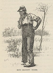1885 illustration from Mark Twain's Adventures of Huckleberry Finn, captioned "Misto Bradish's nigger" MrBradish.jpg
