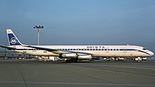 N950JW, the aircraft involved in the accident in April 1984 at Zurich Airport while still in service with Arista International Airlines. N950JW (Arista International) N950JW - McDonnell Douglas DC-8-63CF - AIA Arista International at Zuerich-Kloten Airport (ZRH) in April 1984 (cropped).jpg