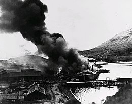 Barracks ship Northwestern engulfed by flames in Dutch Harbor after the second Japanese airstrike, June 4, 1942 NorthwesternInFlames-2.jpg