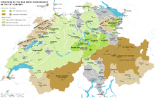 The cantons and allies of the Old Swiss Confederacy in the 18th century. Geneva is a group of small territories in the southwest. Old Confederacy 18th centur.png