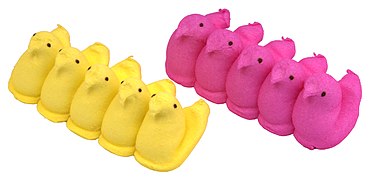 Marshmallow molded into the shape of chicks and coated with colored sugar